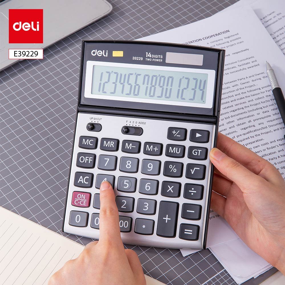 E39229 ديلي ألة حاسبة مكتبية - مصدرين طاقة - بدن بلاستيك واجهة معدن - 3 أصفار - 14 خانة - رمادي E39229